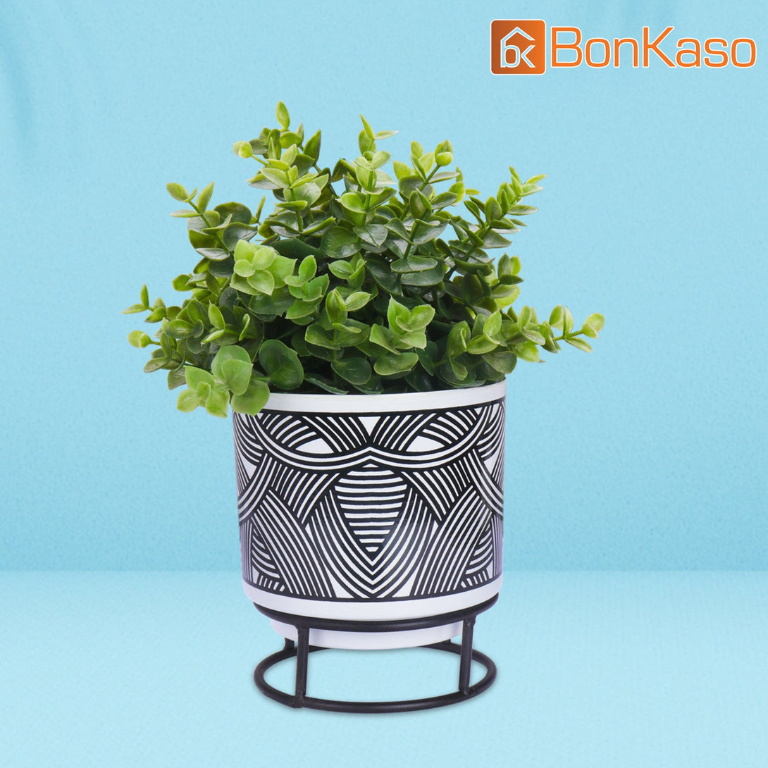 BonKaso Metal Pot (Round Stand, Green, Circle Design,13×13 cm)