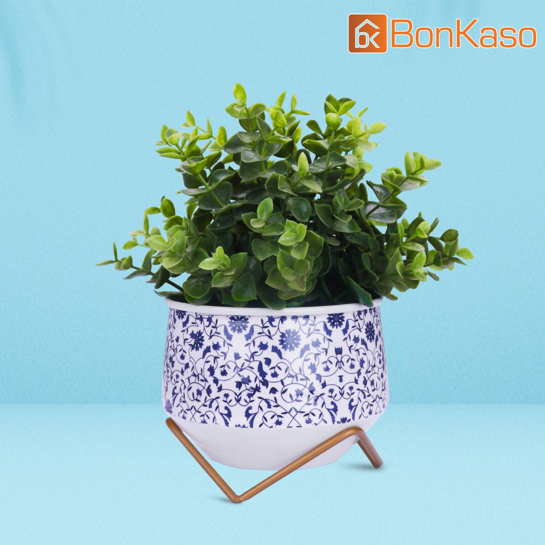 BonKaso Metal Pot (Cross Stand, Orange and Blue, Flower Design,12×12 cm)