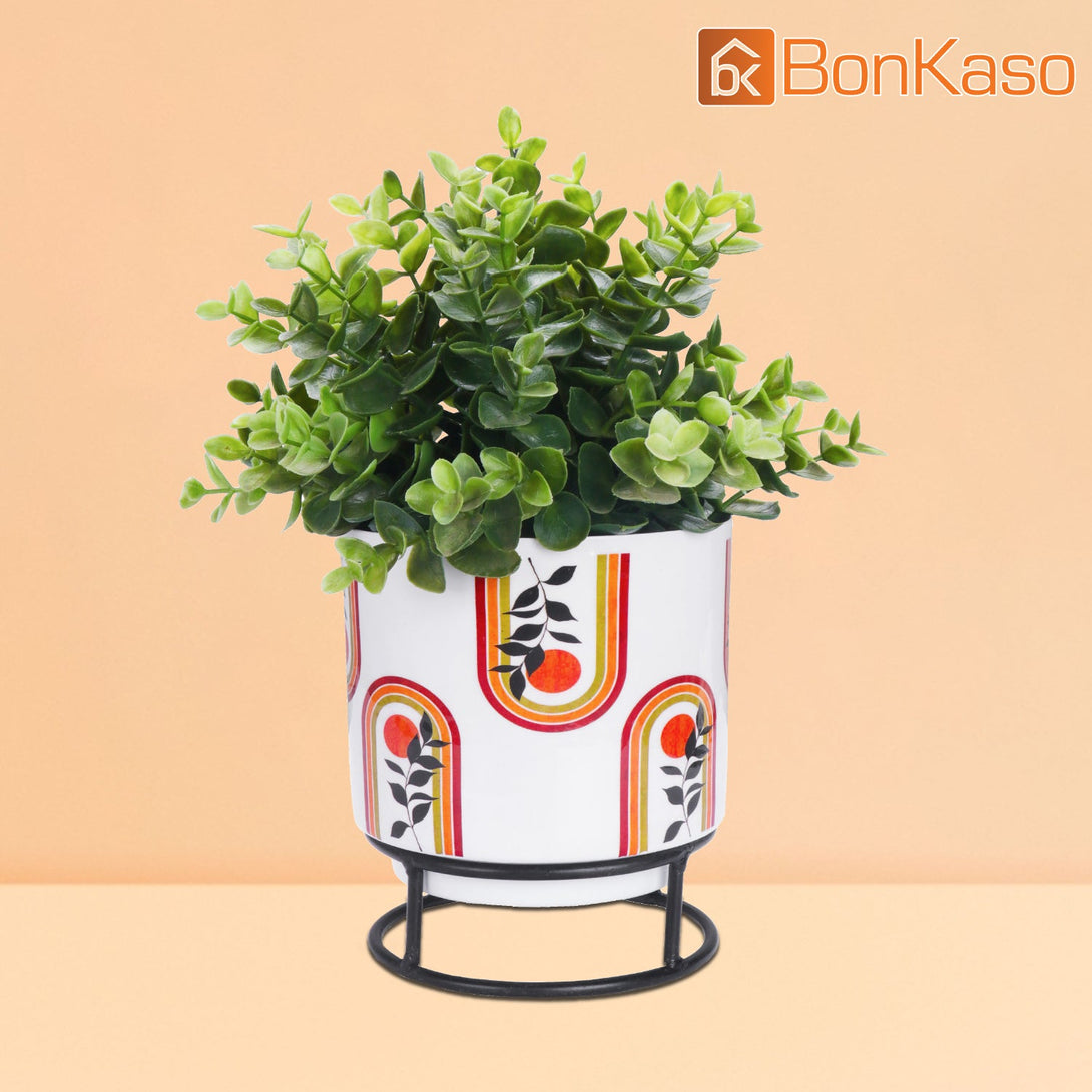 BonKaso Metal Pot (Round Stand, Green, Circle Design,13×13 cm)