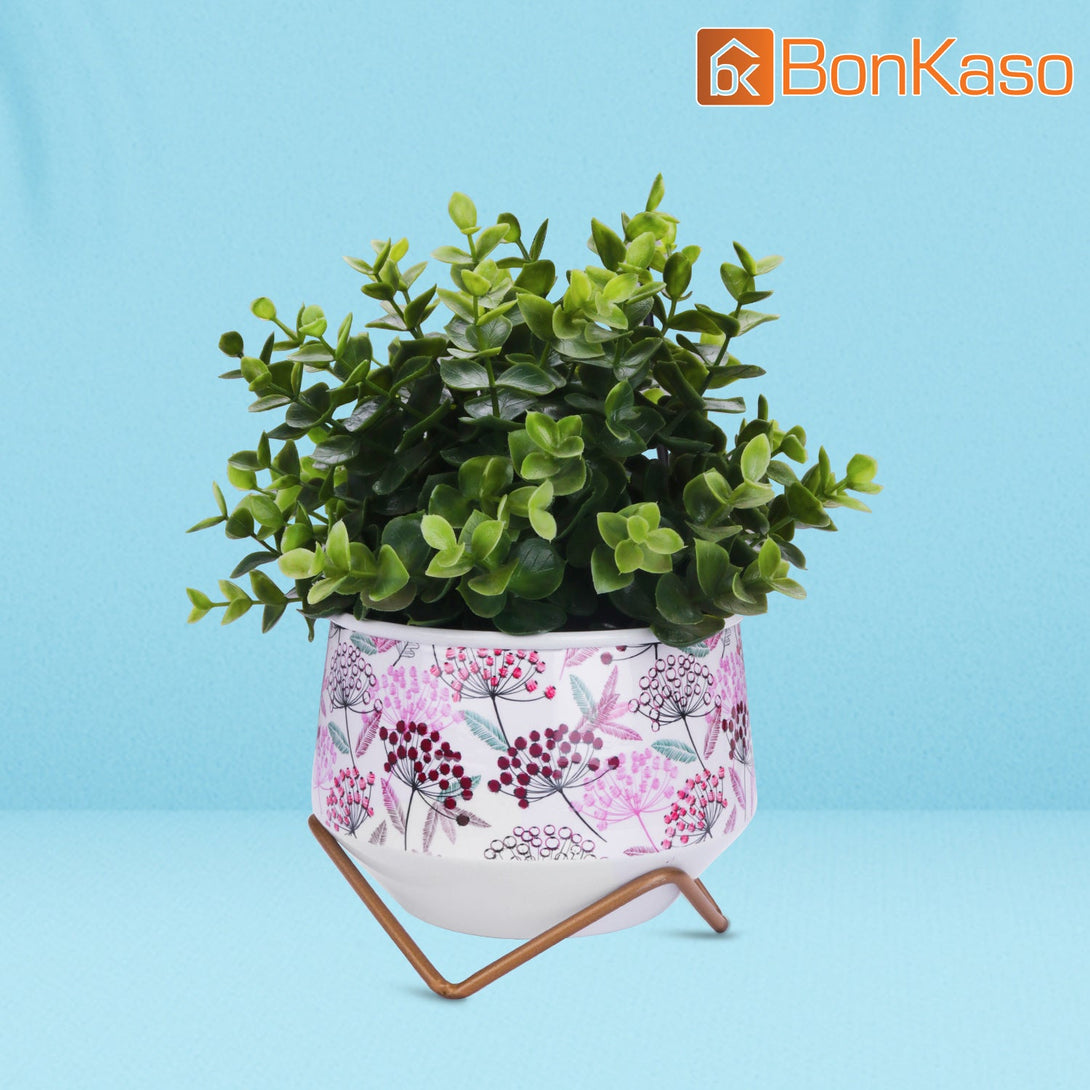 BonKaso Metal Pot (Cross Stand, Orange and Blue, Flower Design,12×12 cm)