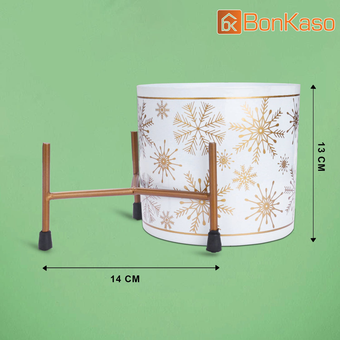 BonKaso Metal Pot (Tri Stand, White with Golden Motifs, 12×12 cm)