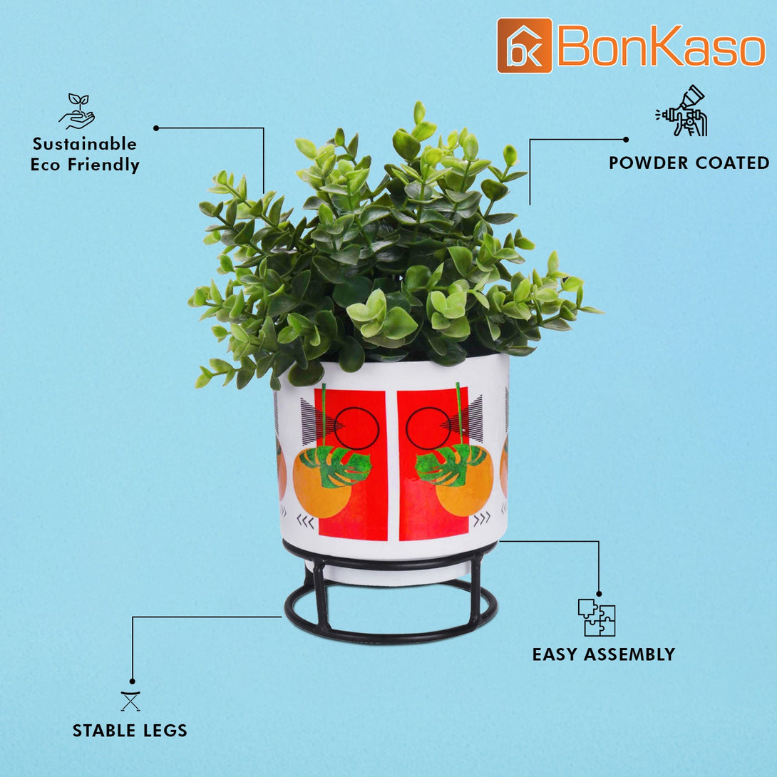 BonKaso Metal Pot (Round Stand, Green, Circle Design,13×13 cm)