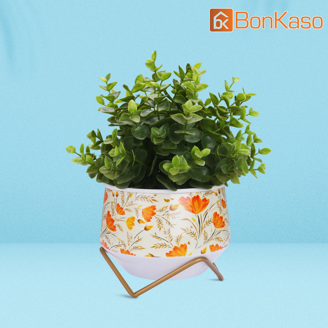 BonKaso Metal Pot (Cross Stand, Orange and Blue, Flower Design,12×12 cm)