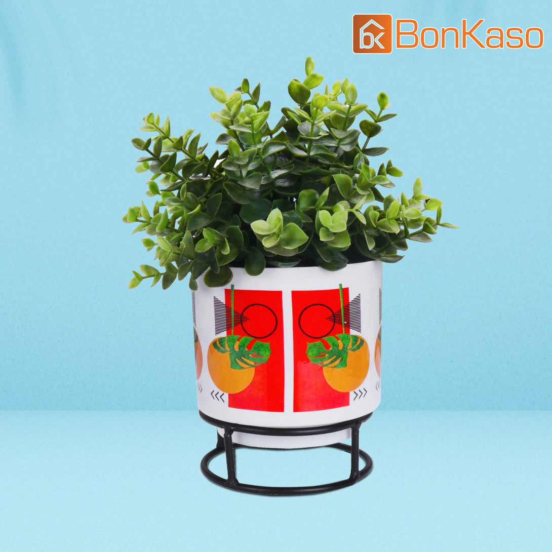 BonKaso Metal Pot (Round Stand, Green, Circle Design,13×13 cm)