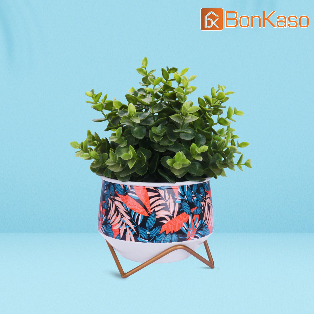 BonKaso Metal Pot (Cross Stand, Orange and Blue, Flower Design,12×12 cm)