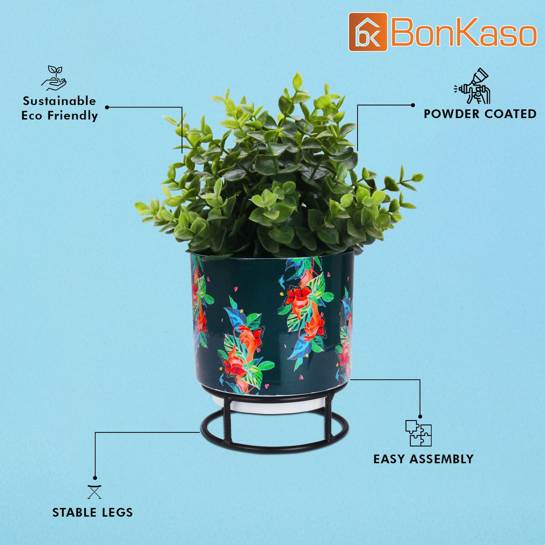 BonKaso Metal Pot (Round Stand, Green, Circle Design,13×13 cm)