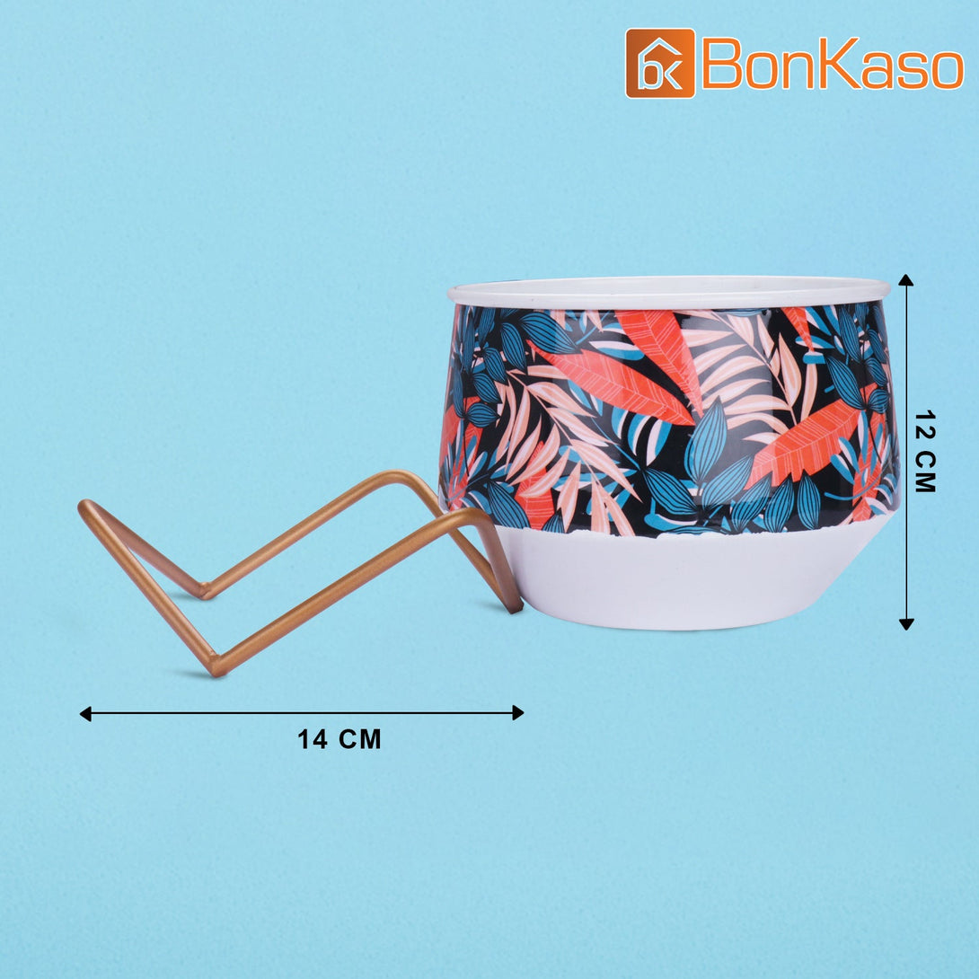 BonKaso Metal Pot (Cross Stand, Orange and Blue, Flower Design,12×12 cm)