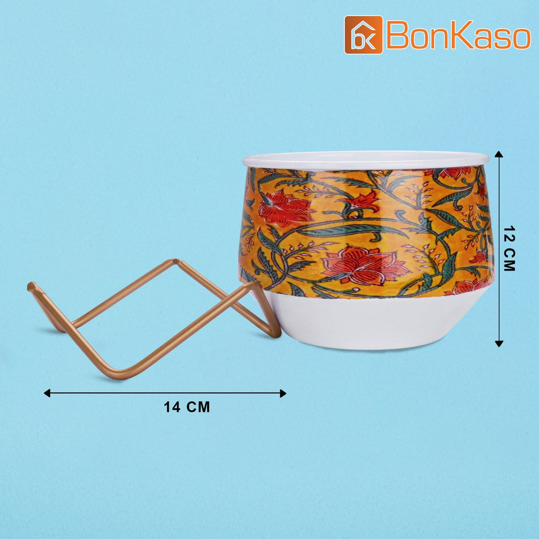 BonKaso Metal Pot (Cross Stand, Orange and Blue, Flower Design,12×12 cm)