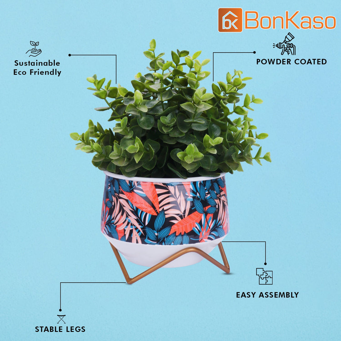 BonKaso Metal Pot (Cross Stand, Orange and Blue, Flower Design,12×12 cm)