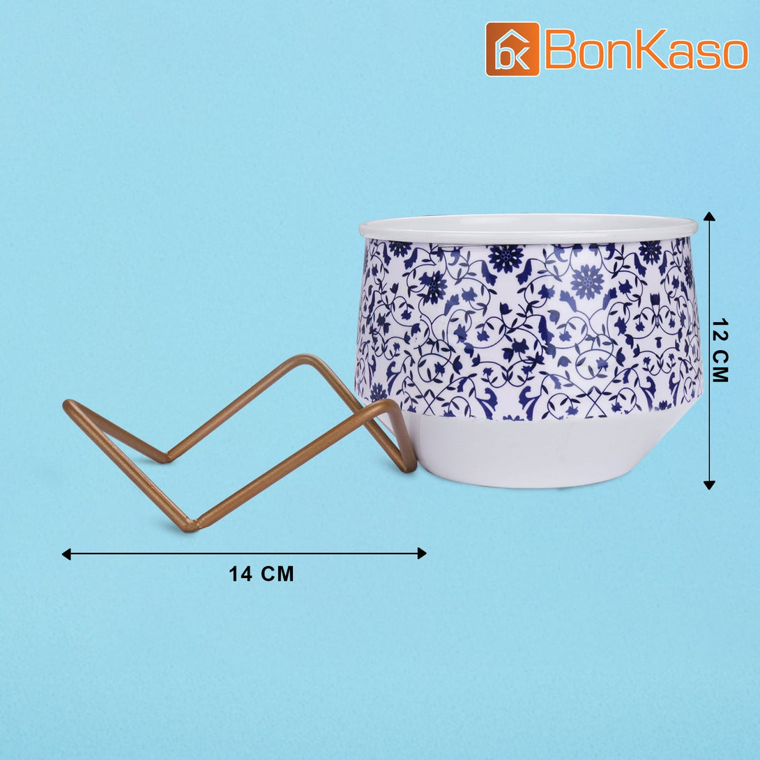 BonKaso Metal Pot (Cross Stand, Orange and Blue, Flower Design,12×12 cm)