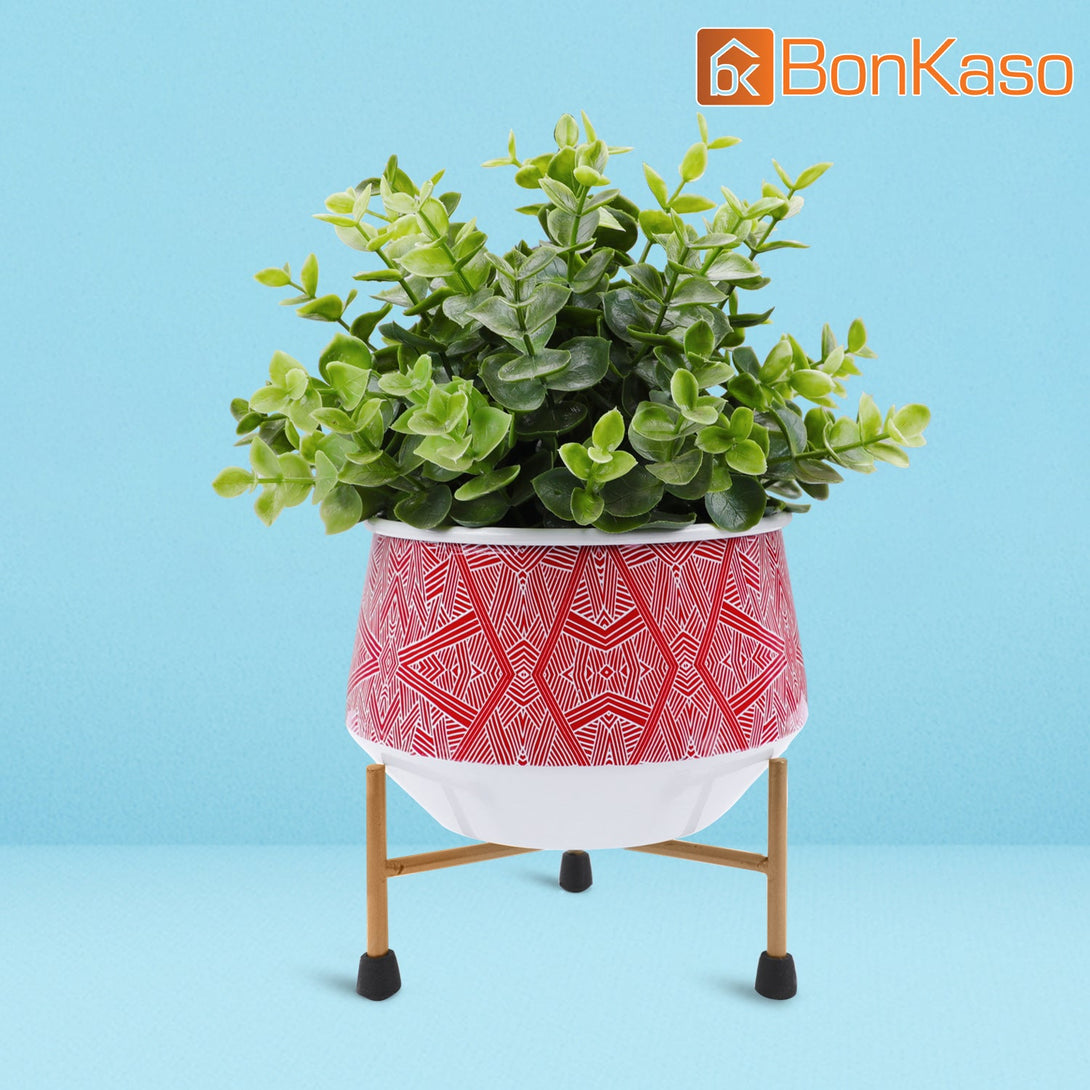 BonKaso Metal Pot (Cross Stand, Orange and Blue, Flower Design,12×12 cm)