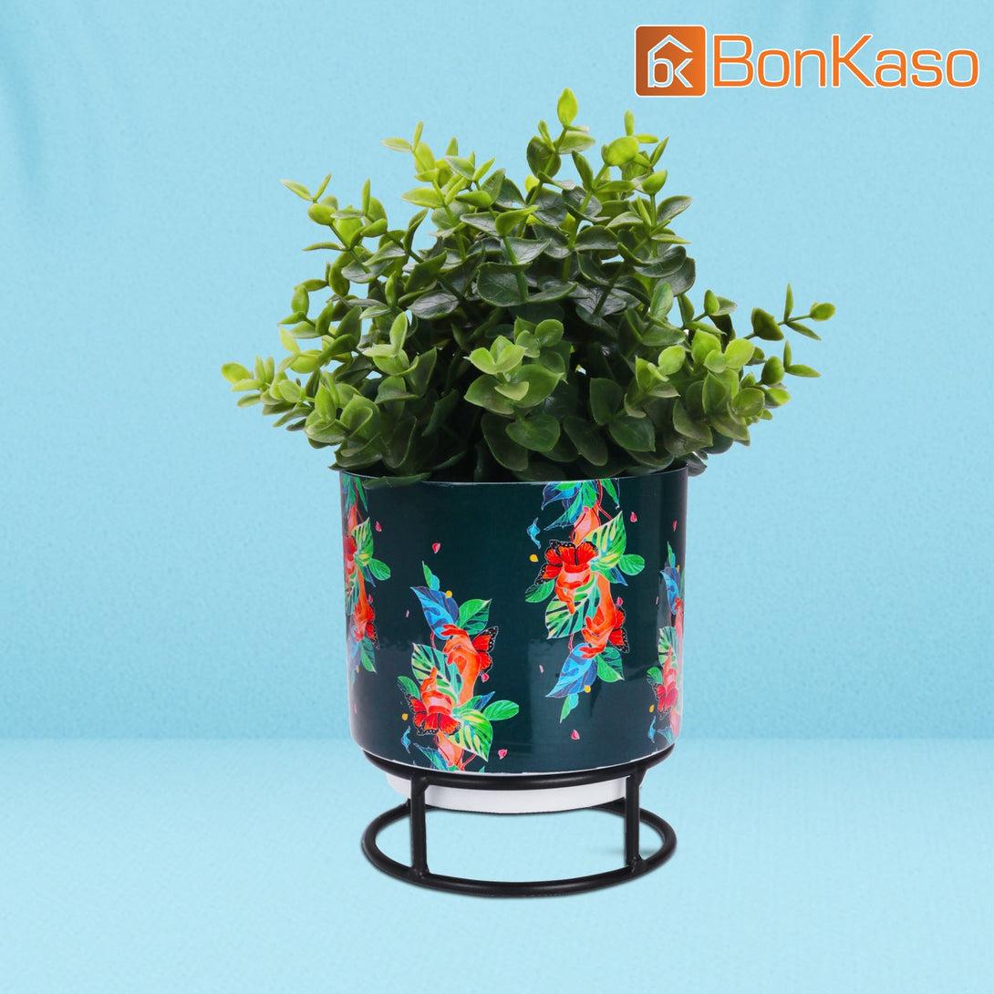 BonKaso Metal Pot (Round Stand, Green, Circle Design,13×13 cm)