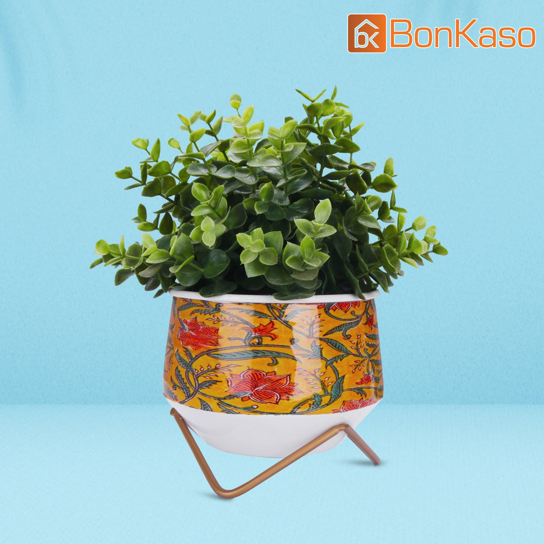 BonKaso Metal Pot (Cross Stand, Orange and Blue, Flower Design,12×12 cm)