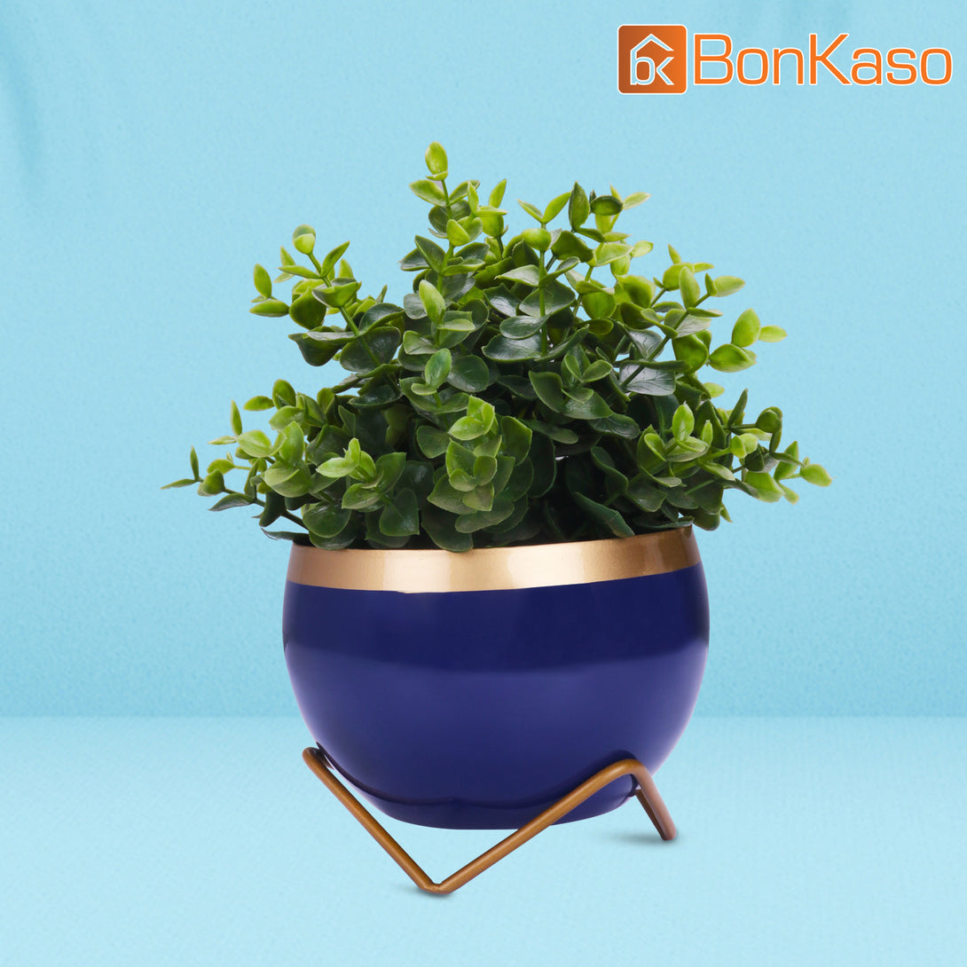 BonKaso Metal Lavender Pot (Cross Stand, Gold and Blue,15×15 cm)