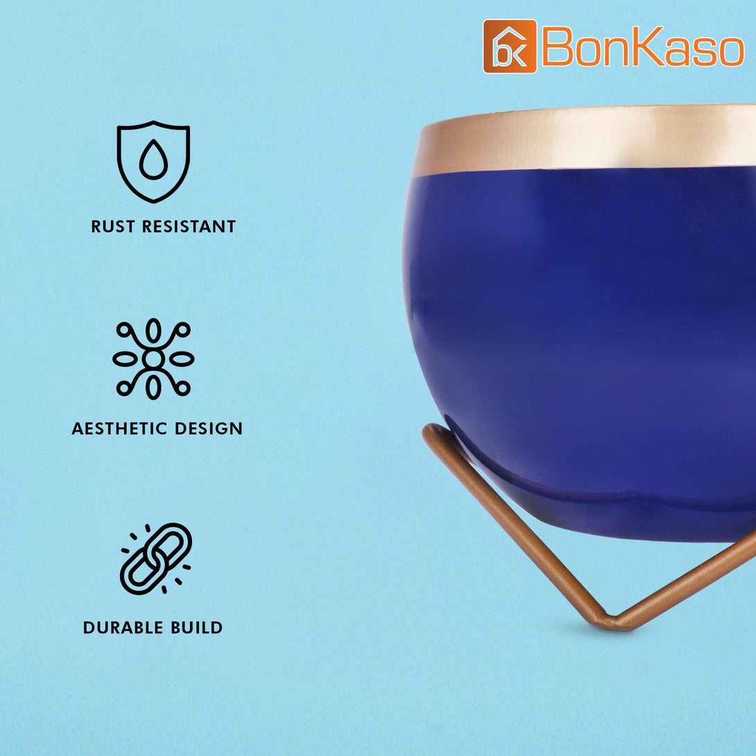 BonKaso Metal Lavender Pot (Cross Stand, Gold and Blue,15×15 cm)