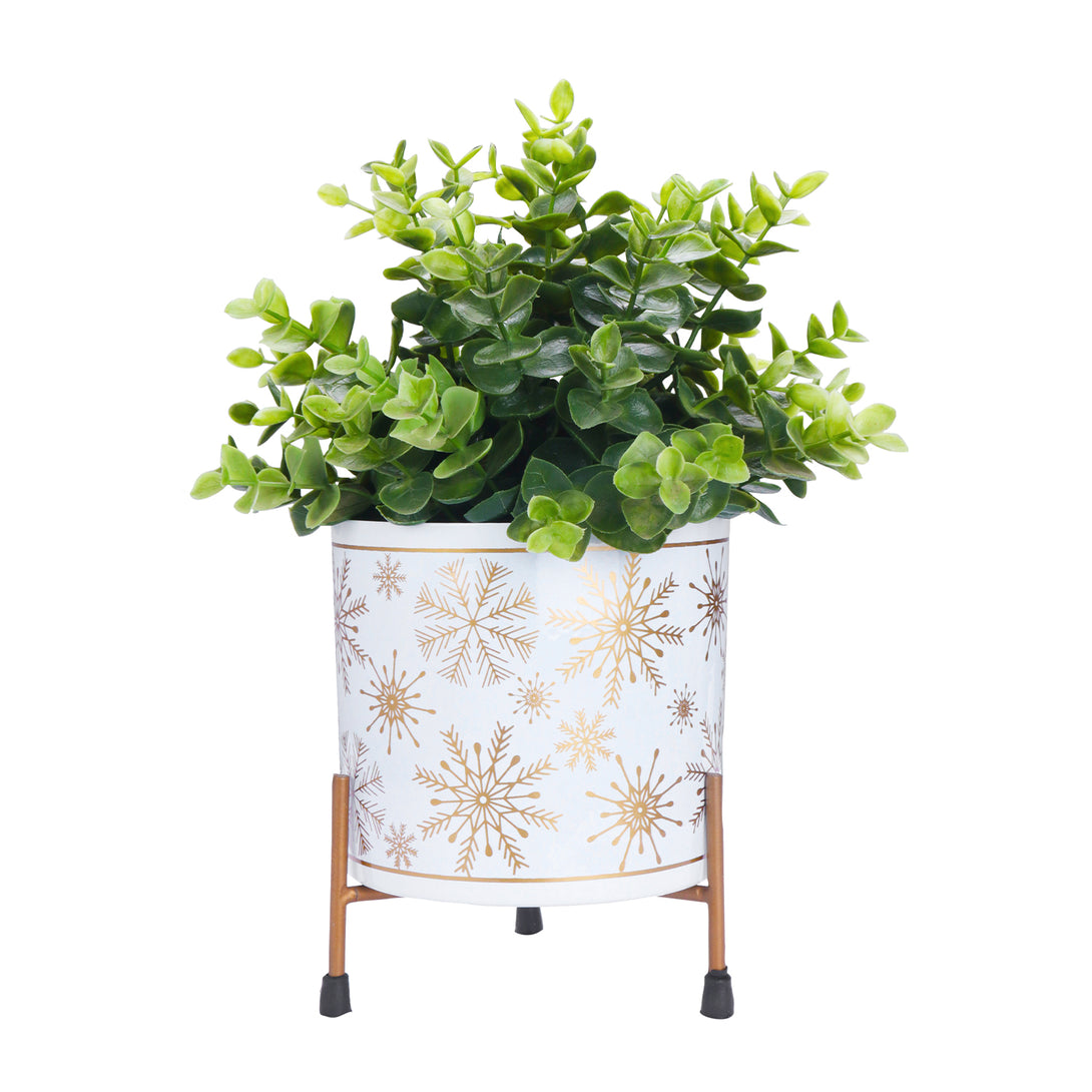 BonKaso Metal Pot (Tri Stand, White with Golden Motifs, 12×12 cm)