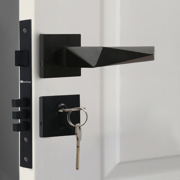 BonKaso 1300 Premium Zinc Heavy Duty Safe And Secure Mortise Main Door Lock Set With Door Handle And 3 Keys for Home, Office & Hotel - (Matt Black) Set of 1