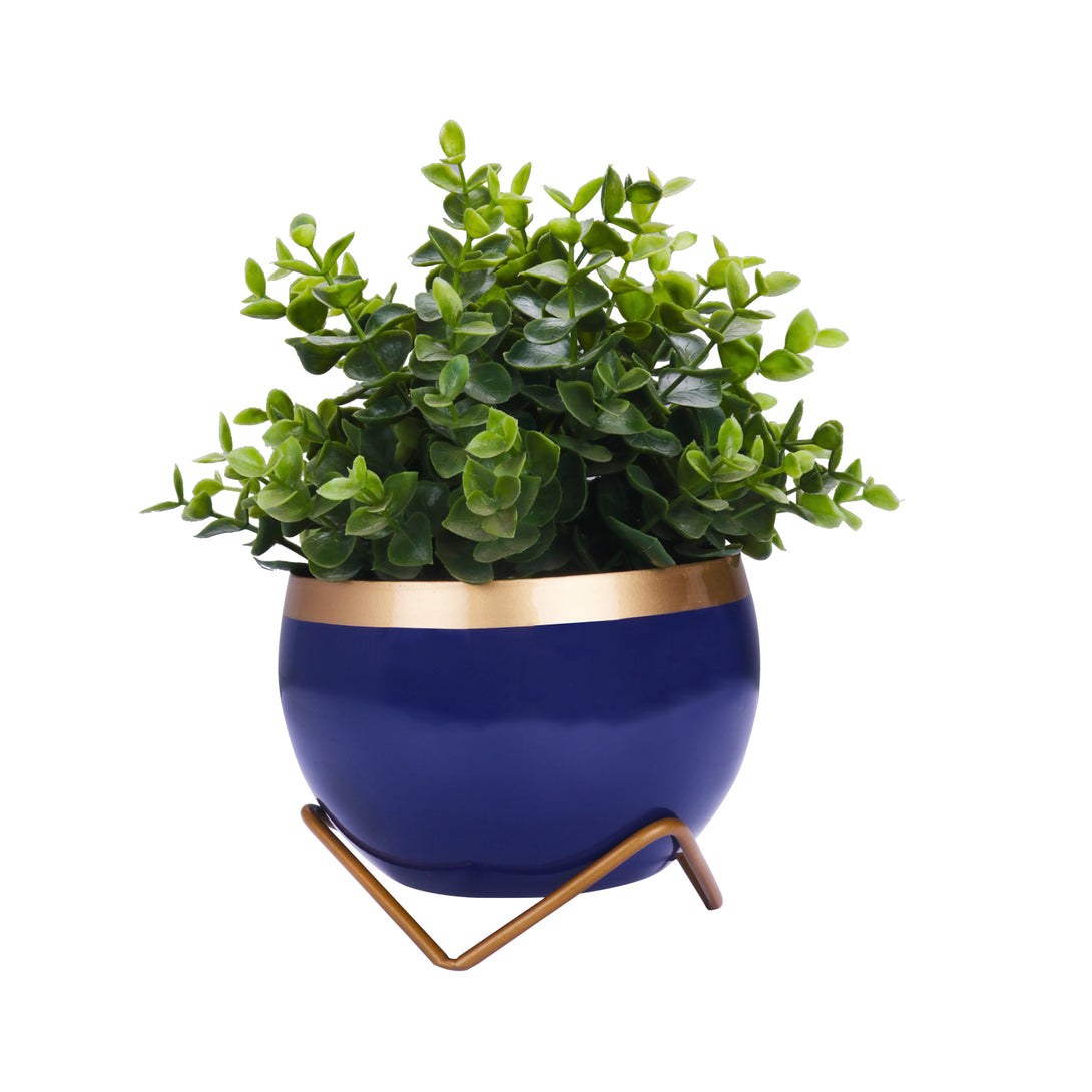 BonKaso Metal Lavender Pot (Cross Stand, Gold and Blue,15×15 cm)