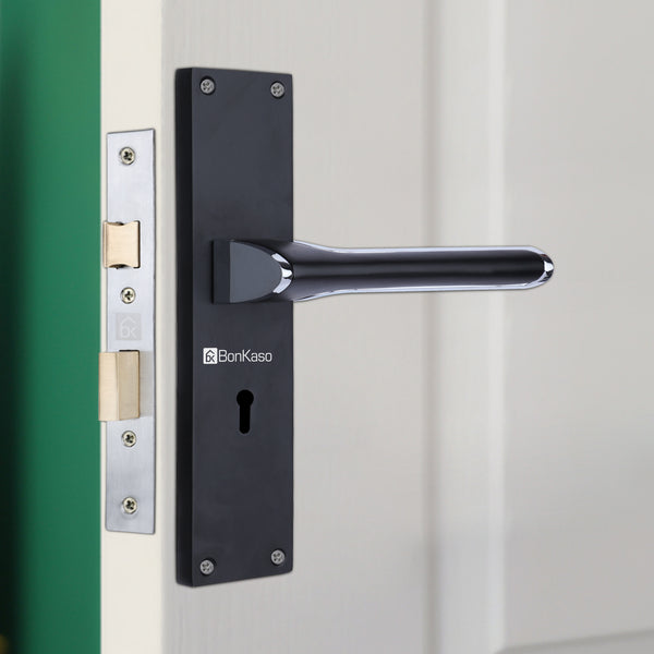 BonKaso KY1247 Premium Zinc Heavy Duty Safe and Secure Mortise Lever Main Door Lock Set with Door Handle and 2 Keys for Home, Office & Hotel - (Matt Black) Set of 1