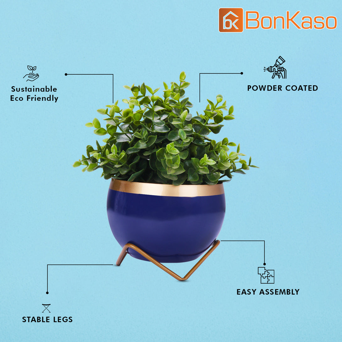 BonKaso Metal Lavender Pot (Cross Stand, Gold and Blue,15×15 cm)