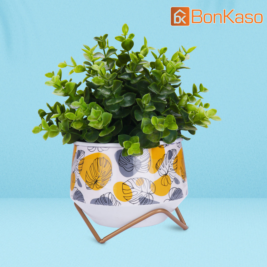 BonKaso Metal Pot (Cross Stand, Orange and Blue, Flower Design,12×12 cm)