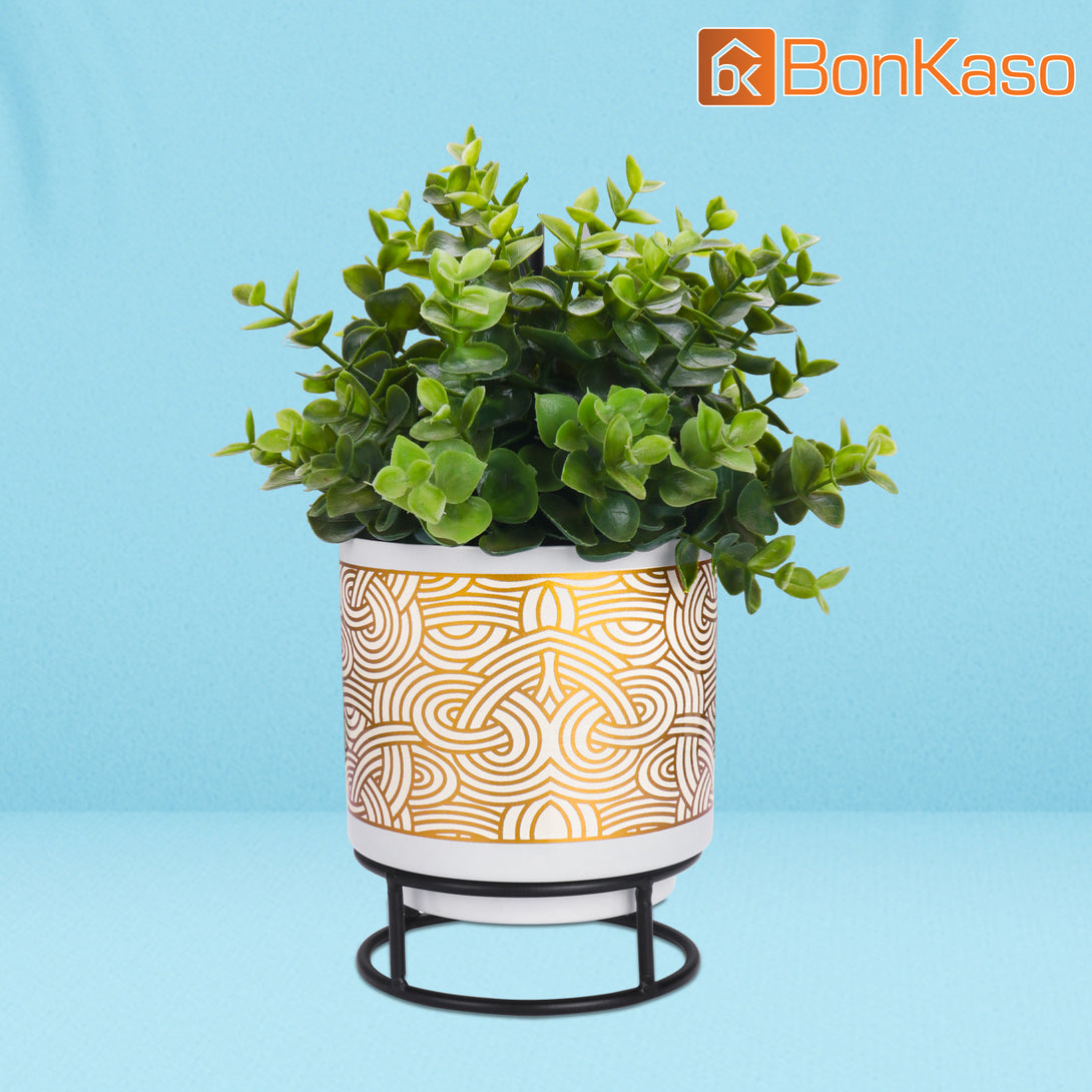 BonKaso Metal Pot (Round Stand, Green, Circle Design,13×13 cm)