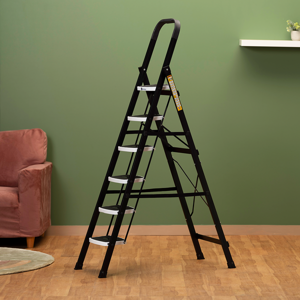 BonKaso Premium Alloy Steel Heavy Duty Multipurpose Foldable 6 Step Ladder with Connecting Frame & Belt Support for Home and Outdoor - (Matte Black & White)