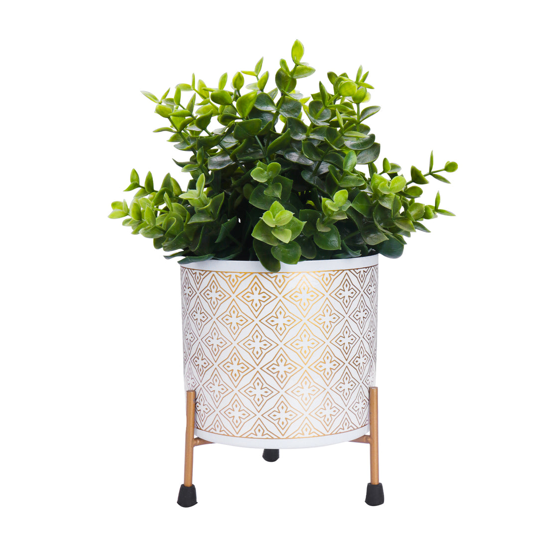 BonKaso Metal Pot (Tri Stand, White with Golden Motifs, 12×12 cm)