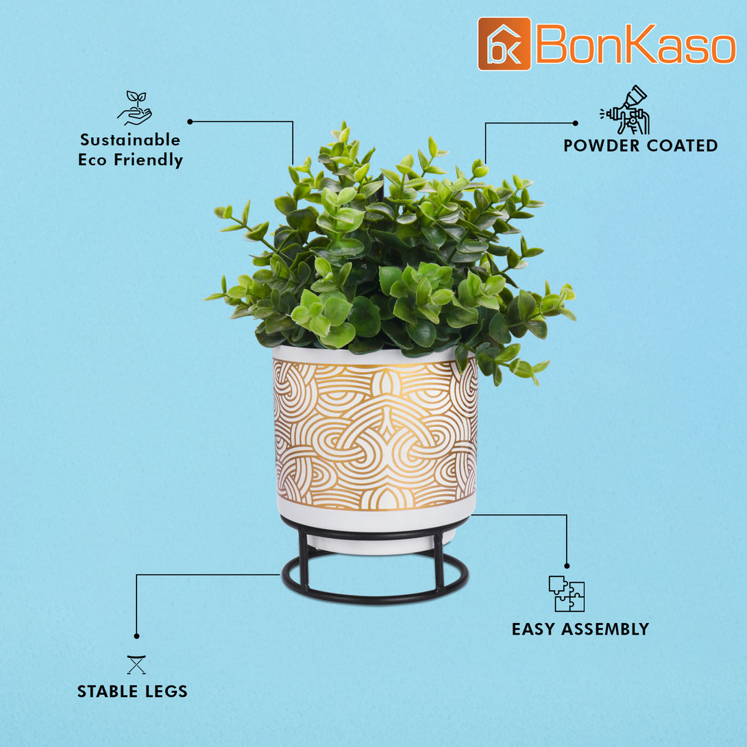 BonKaso Metal Pot (Round Stand, Green, Circle Design,13×13 cm)