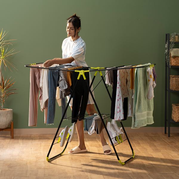 BonKaso Premium Steel Foldable Cloth Dryer Stand for Drying Clothes Steel (Black + Green)